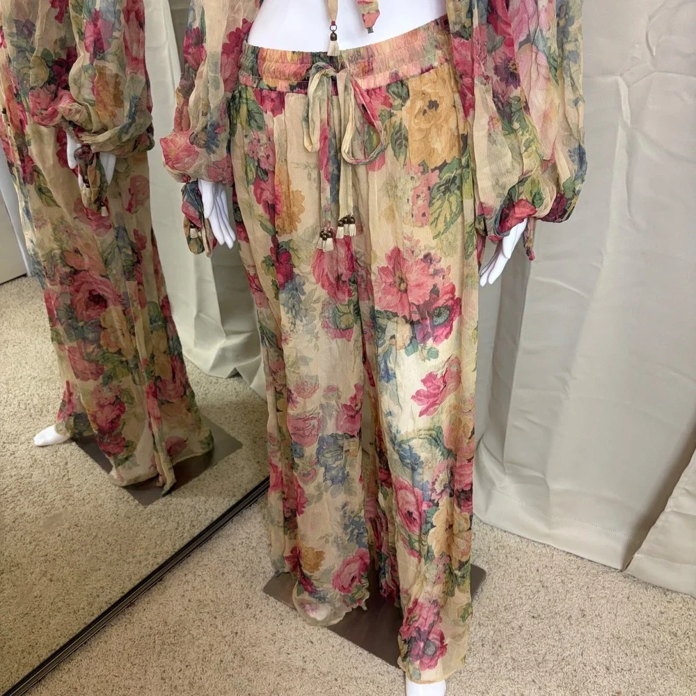 Zimmermann Melody Silk Two Piece Set Crop Tie Top Wide Leg Pants Size 2 Boho